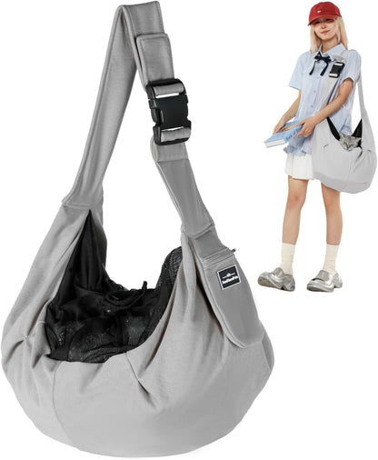 ペットスリング 犬猫兼用 抱っこ紐 小型犬 ペットキャリーバッグ 斜め掛け 肩パッド付き メッシュカバー 飛び出し防止ストラップ付き 安全ロープ付き 調節可能 ポケット付き お出かけ 散歩 通院 9kgまで対応 (カーキ)