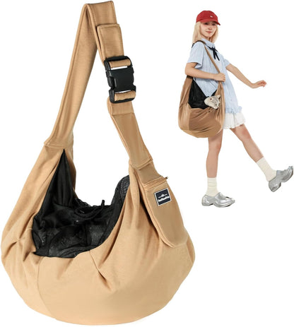 ペットスリング 犬猫兼用 抱っこ紐 小型犬 ペットキャリーバッグ 斜め掛け 肩パッド付き メッシュカバー 飛び出し防止ストラップ付き 安全ロープ付き 調節可能 ポケット付き お出かけ 散歩 通院 9kgまで対応 (カーキ)