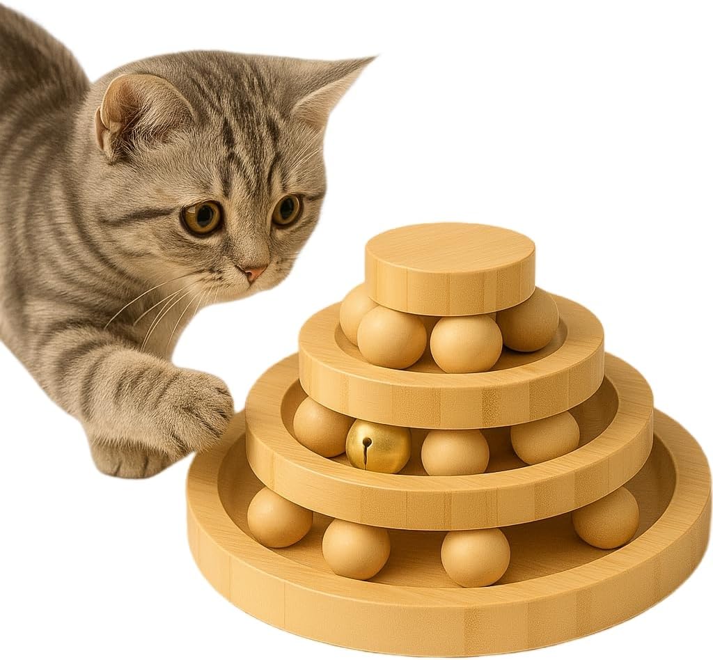 SunStarsPets 木製 猫用回転ボール タワー 組み立て不要 止まらない回転 猫おもちゃ 遊ぶ盤 ストレス解消 運動不足対策 ナチュラル安全素材 寂しさ解消 (三層, 松製)