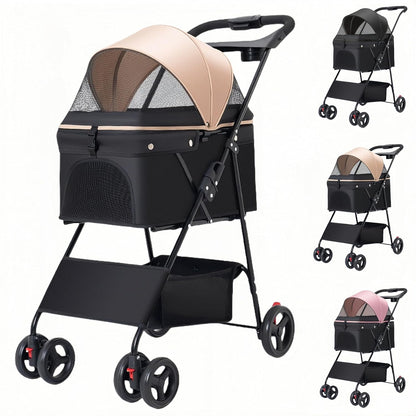 SunStarsPets ペットカート 小型犬 中型犬 猫用 バギー 飛び出し防止リード付き 4輪静音 前輪360°回転 後輪ダブルブレーキ 耐荷重30kg 一体型分離可能式 ワンタッチ折りたたみ コンパクト収納 自立可 多窓通気 軽量4.5kg 介護 散歩 旅行用 (カーキ)