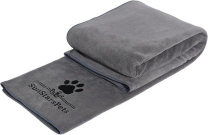 SunStarsPets ペットタオル｜犬・猫用 超吸水マイクロファイバータオル（大判140×70cm／厚手・超ソフト・グレー）体拭きに最適