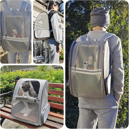 SunStarsPets ペットキャリー｜猫・小型犬用リュック型キャリーバッグ（折りたたみ式／通気性・安全設計／グレー）